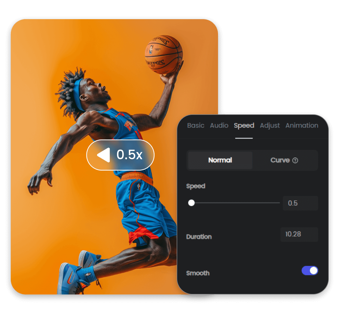 Slow down a video of a basketball player in a blue uniform to 0 5x speed