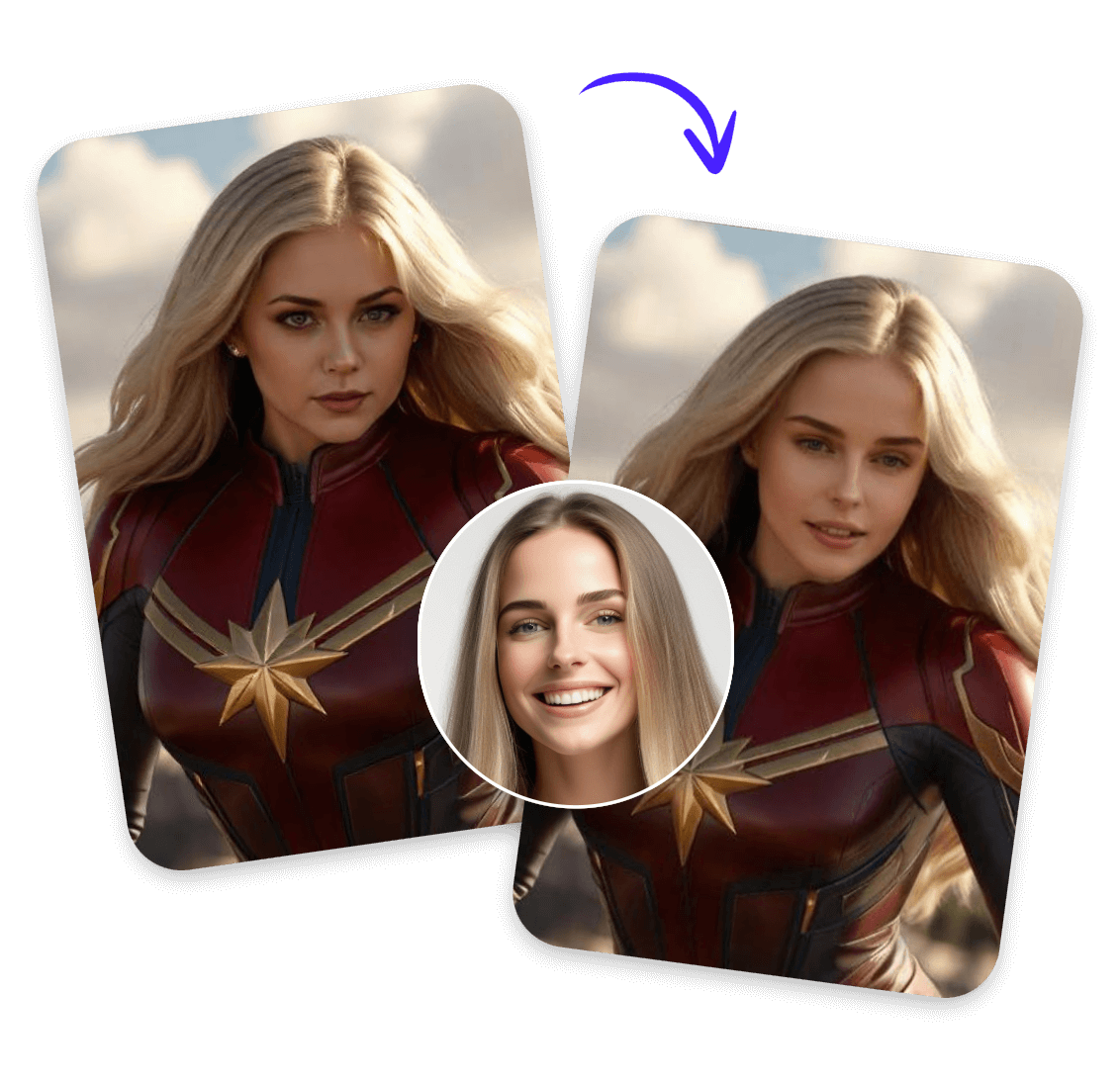 Swap a blond hair girls face onto the image of captain marvel