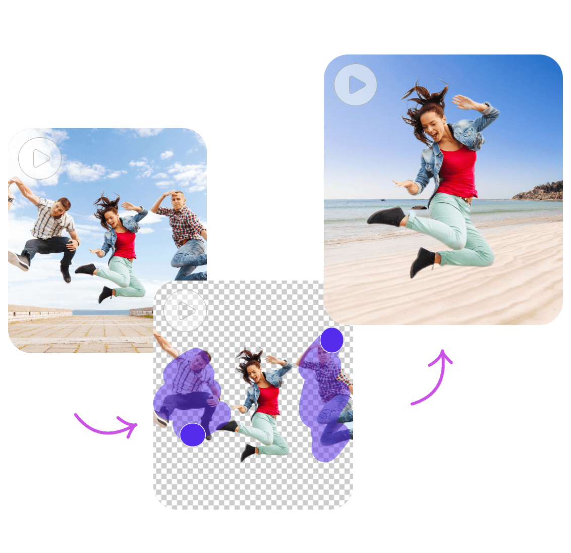 Três pessoas pulando na praia, remova as duas pessoas que estão paradas ao lado