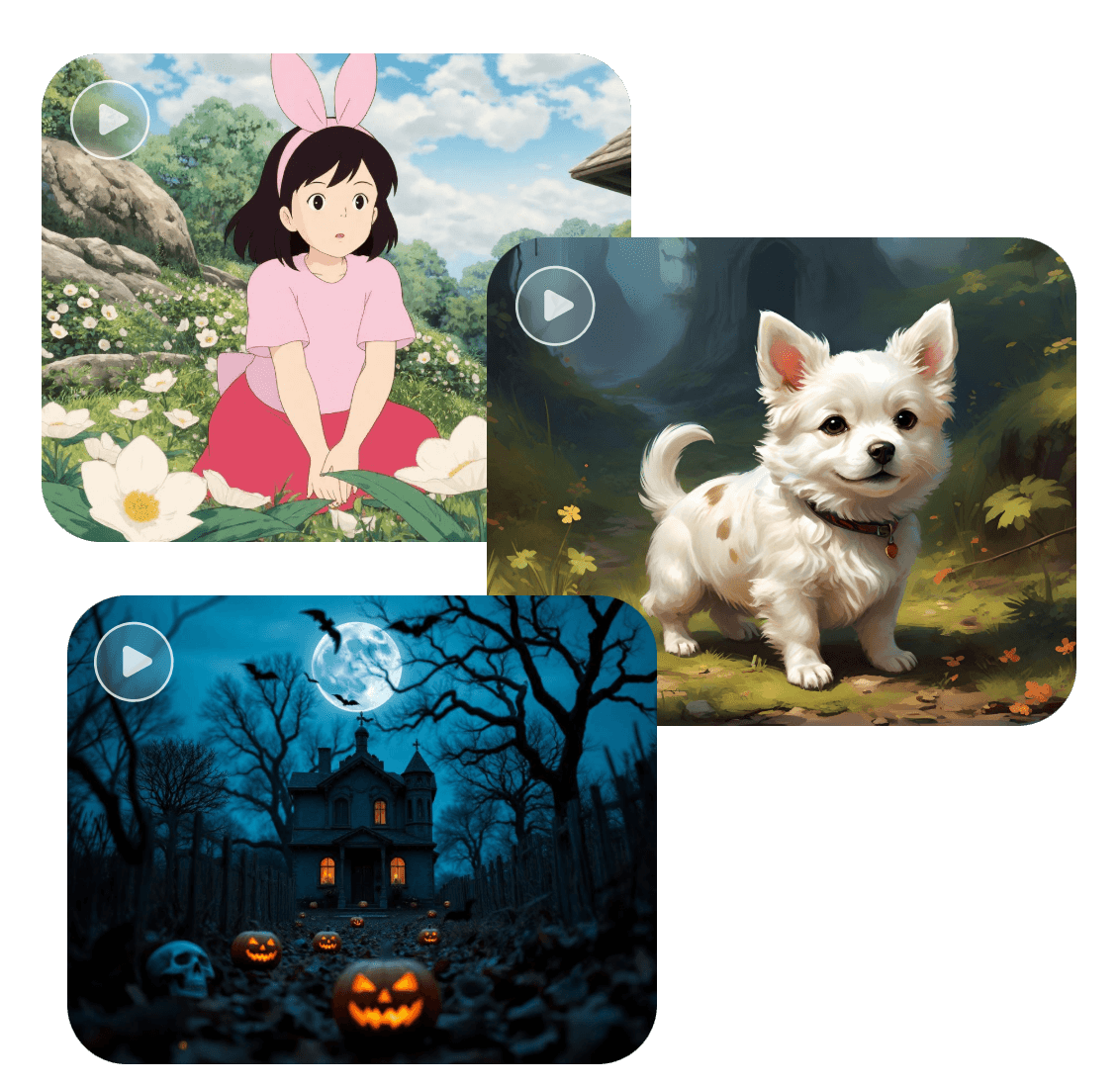 Três estilos de vídeos de arte de jogos gerados por IA do Clipfly, estilo anime e cinematográfico