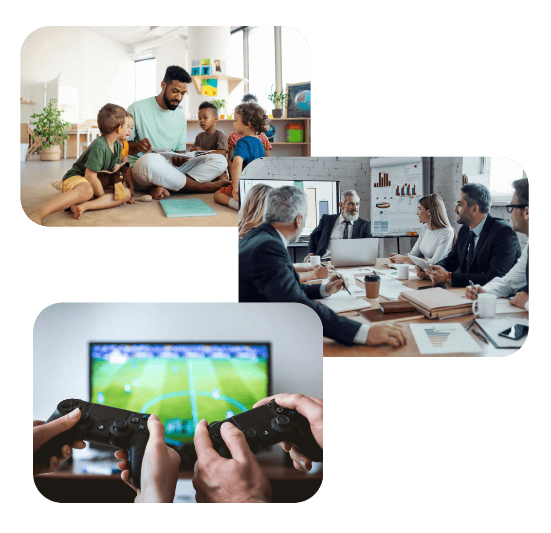 Três vídeos da reunião de marketing educacional para pais e da apresentação do produto gamepad