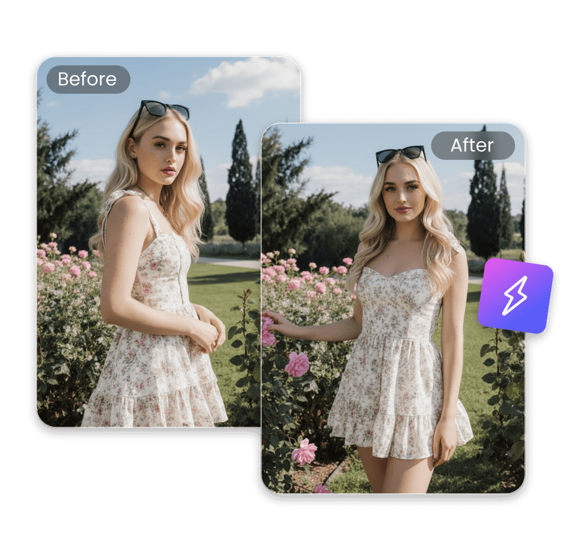 Transform the front view photograph of the girl wearing a floral dress into a side view