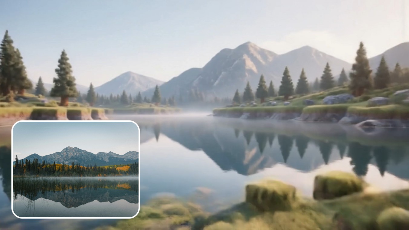 Transforme uma bela cena de lago em estilo minecraft