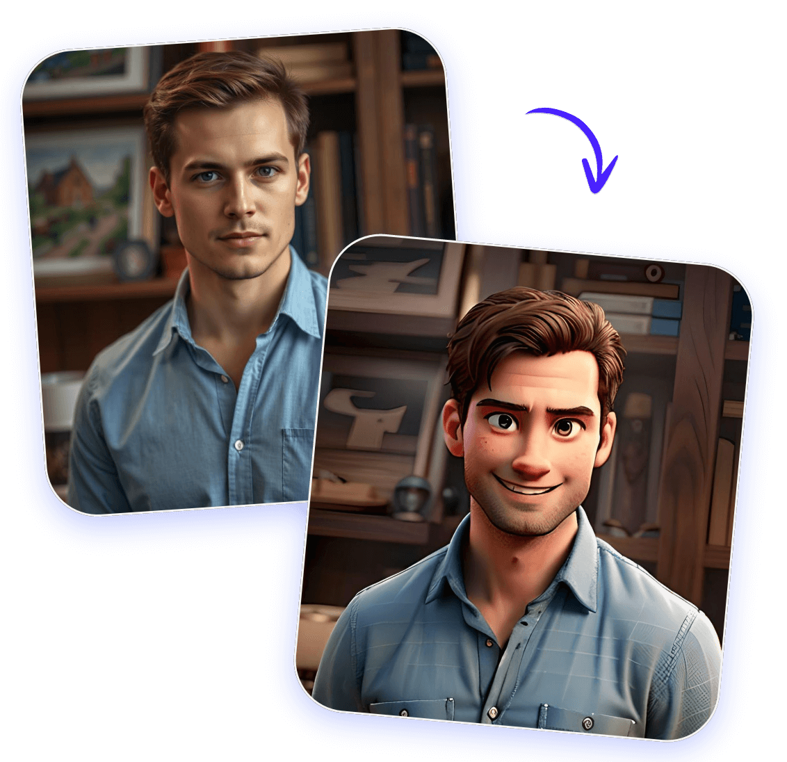 Turn a blue t shirt man into a 3d cartoon character