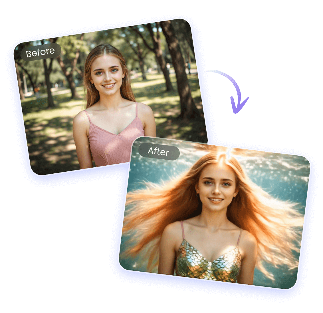 Verwandeln Sie ein Bild eines Mädchens mit langen braunen Haaren in ein Meerjungfrauenvideo