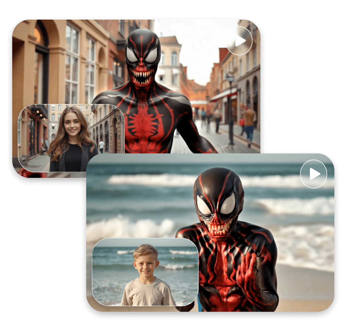 Transforma uma mulher e um rapazinho em fatos de Venom