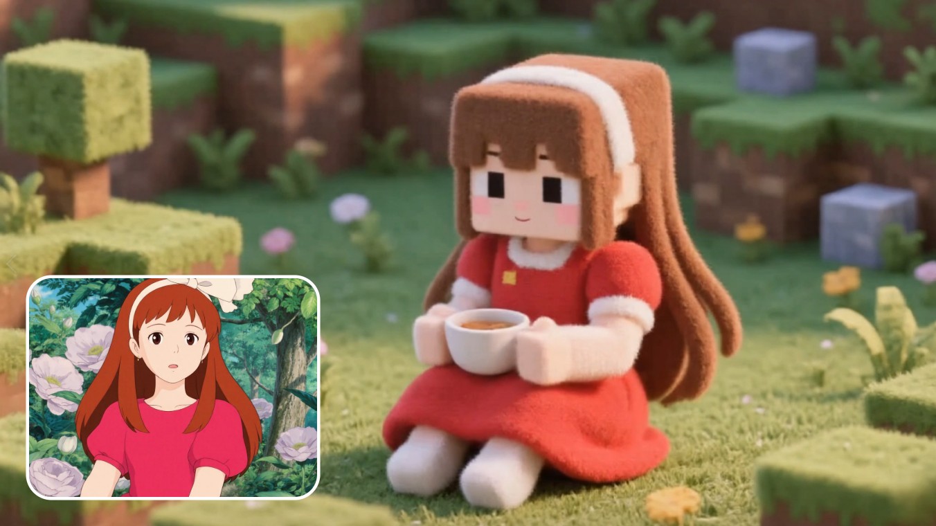 Transforme uma imagem de uma garota Ghibli com cabelo vermelho e um vestido vermelho no estilo minecraft com o gerador de vídeo clipfly ai minecraft