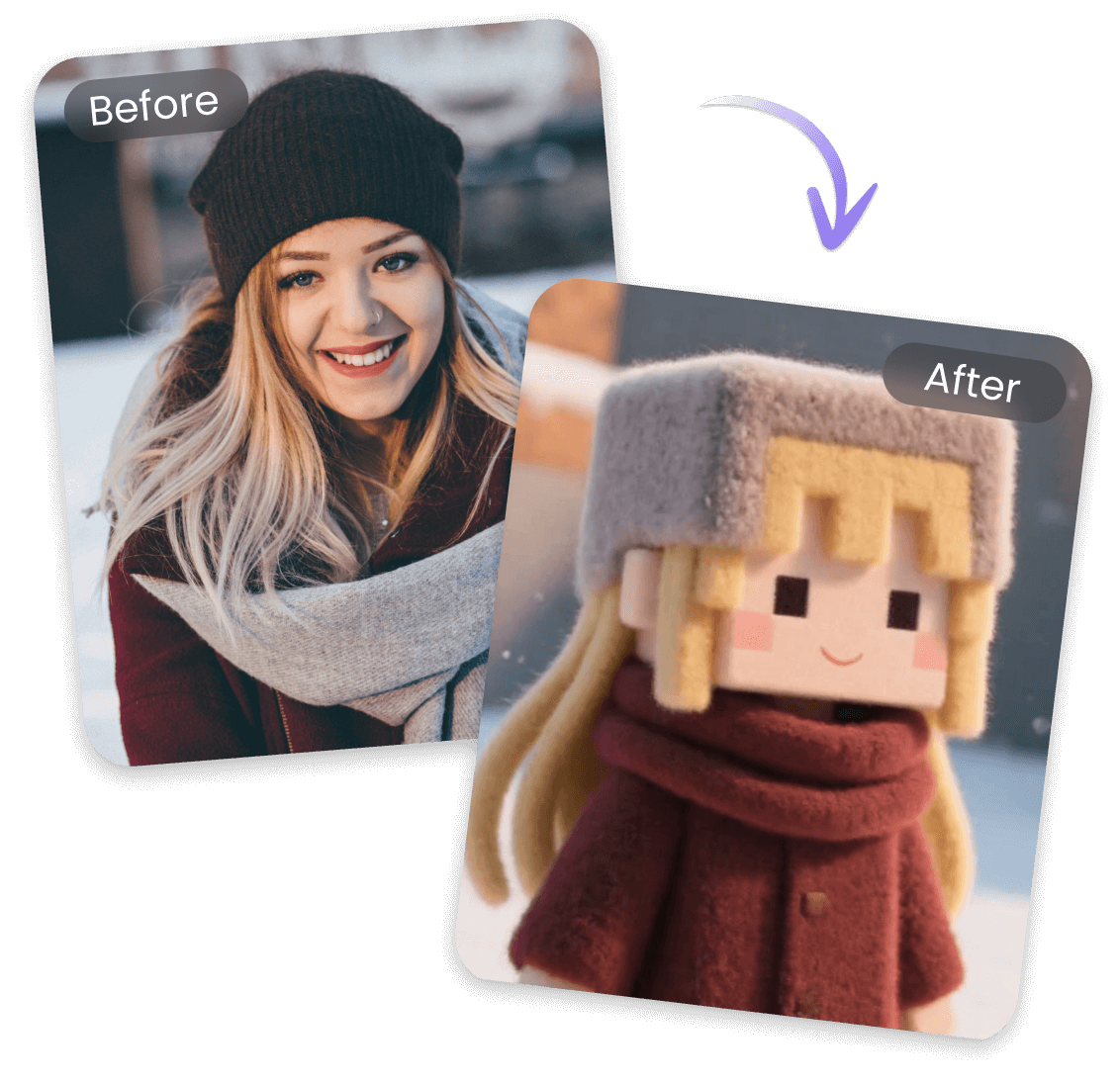 Transforme uma imagem de uma garota de cabelos compridos usando chapéu e xales em um personagem do Minecraft