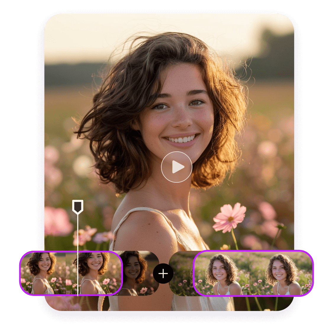 Turn two long videos of smiling girls in a flower bush into a short video and splice it together