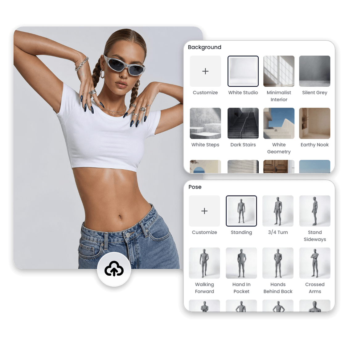 Upload a female model image and adjust her pose and background
