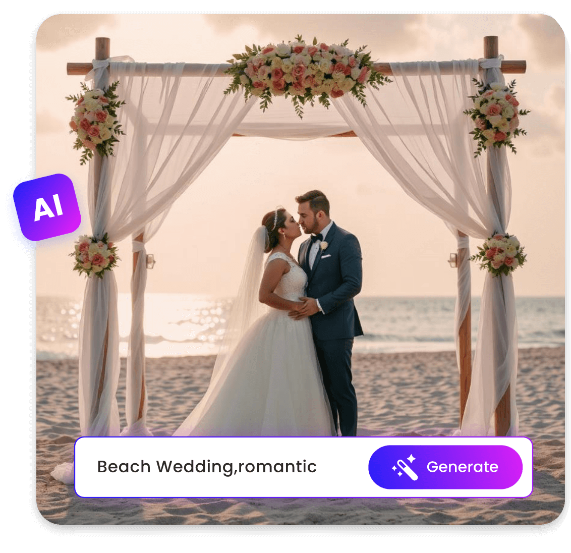 use IA para gerar um vídeo romântico de casamento na praia