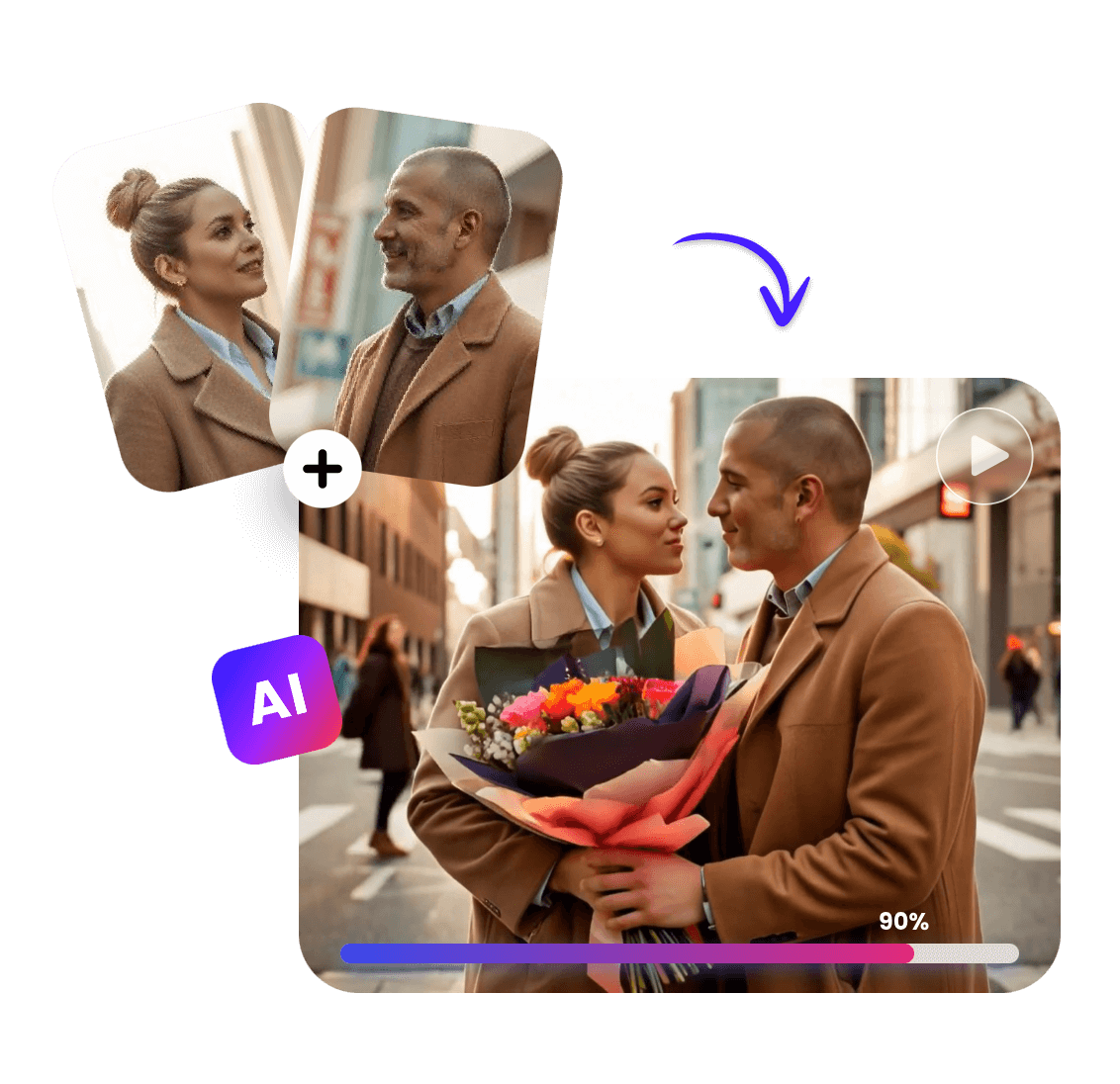 Use AI to turn two pictures of a man and a woman into a flower giving video