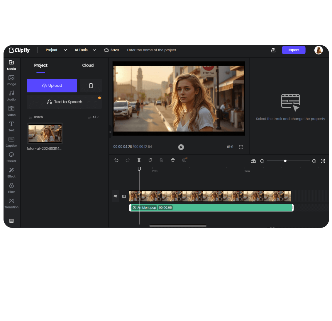 Use Clipfly to add background music to movie clips of a blonde woman standing in the sunshine