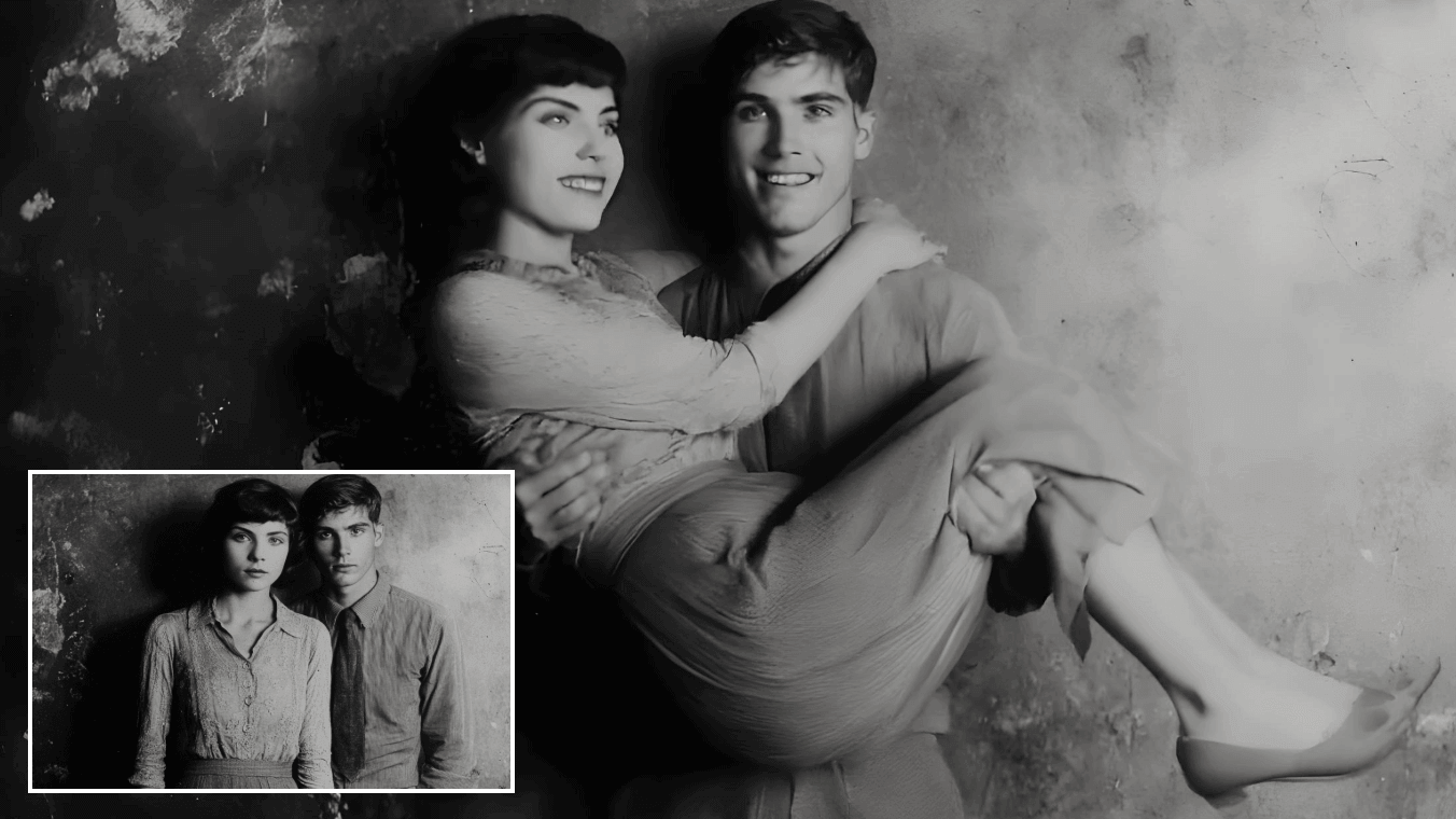 Utilizar ai para fazer com que um casal numa fotografia antiga faça um transporte de princesa