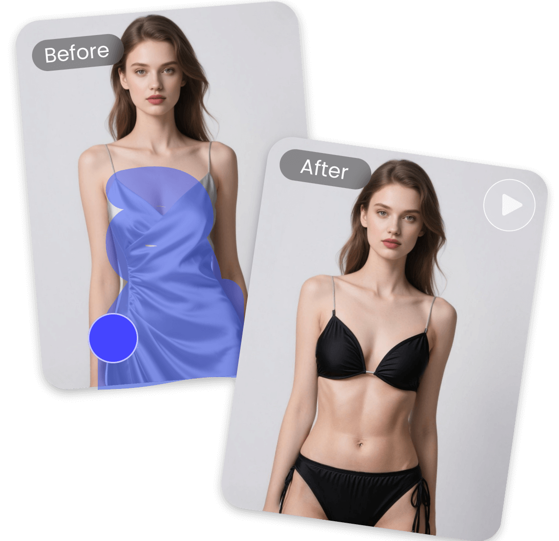 Use clipfly ai replacer to paint the girls white dress and replace it with black bikini
