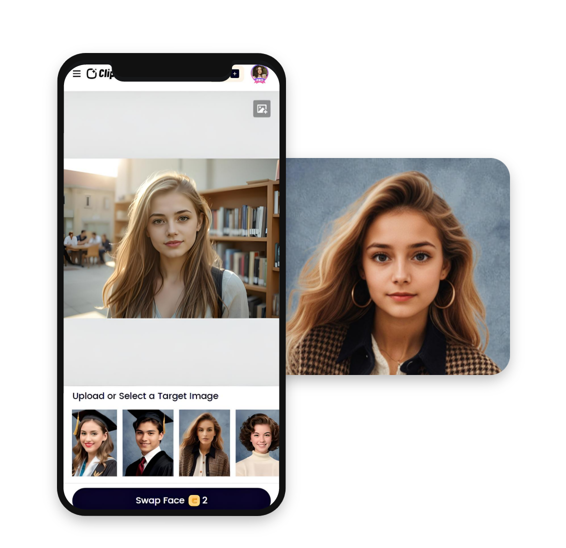Use clipfly ai yearbook generator on mobile broswer and upload a long curly hair girl photo and select a template to create her yearbook