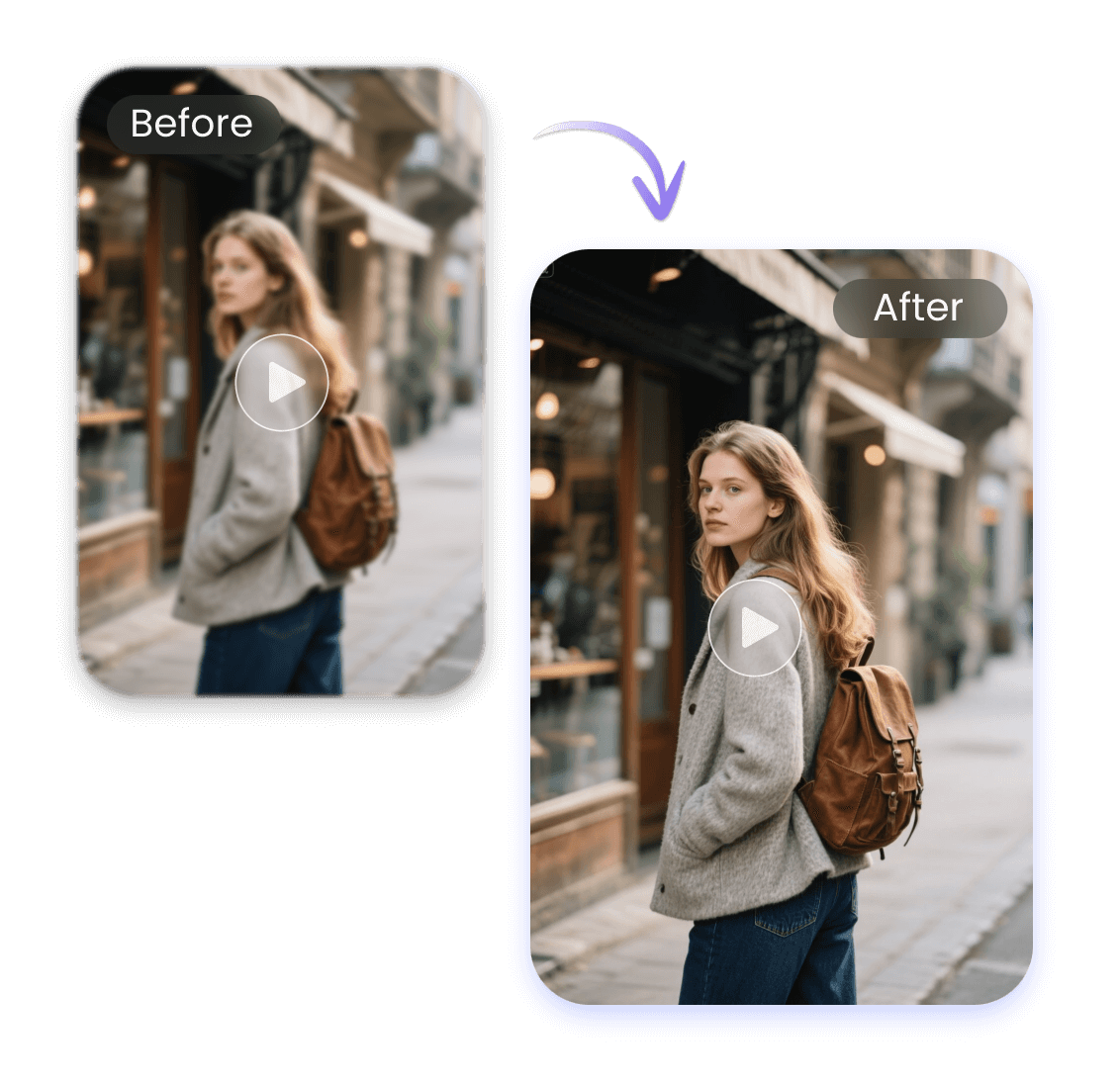 Use clipfly hd video converter to make a blurry video of a girl wearing a gray shirt and carrying a brown bag on the street clearer