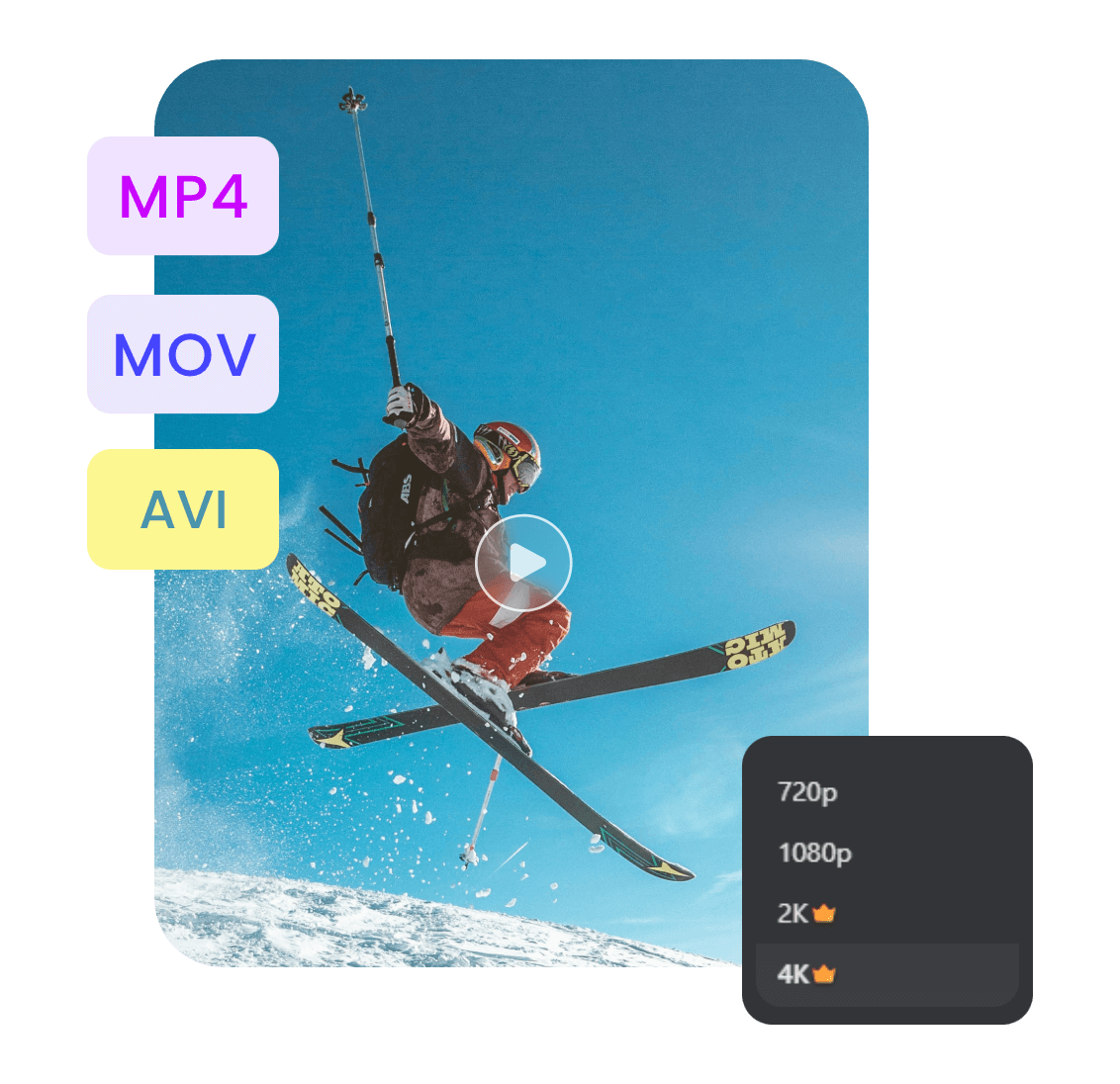 Você pode converter um vídeo de um homem esquiando em diferentes formatos para diferentes qualidades de vídeo HD de 720p a 4k