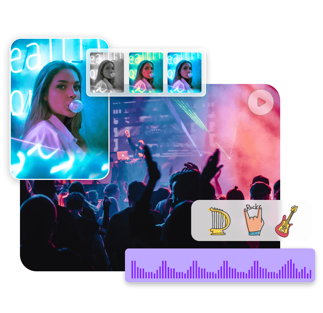 A bar scene video rich resources like different filters and stickers in clipdly online video editor