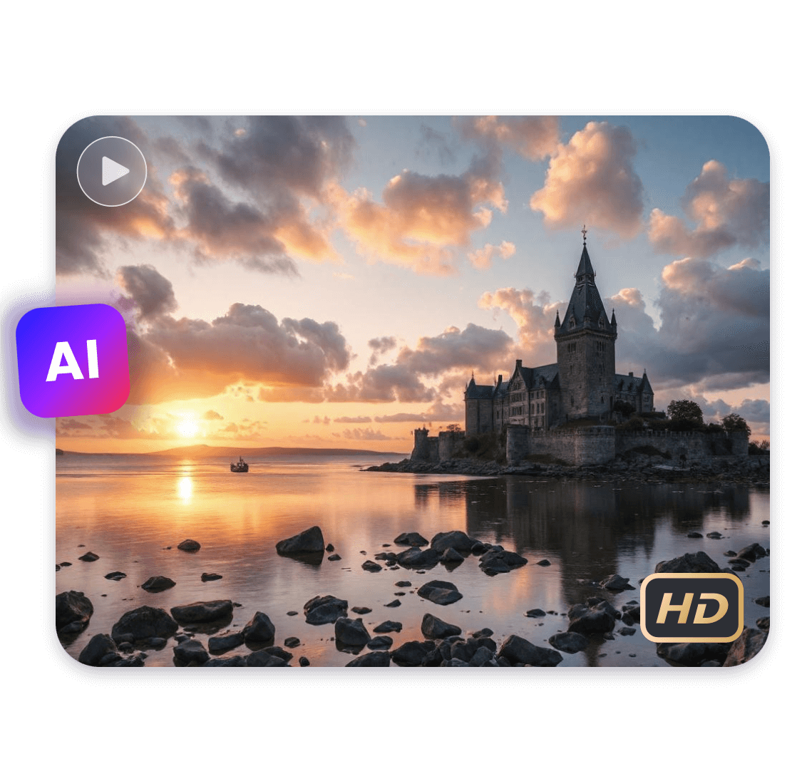 um vídeo de alta resolução de uma paisagem linda com um castelo construído no meio de um lago