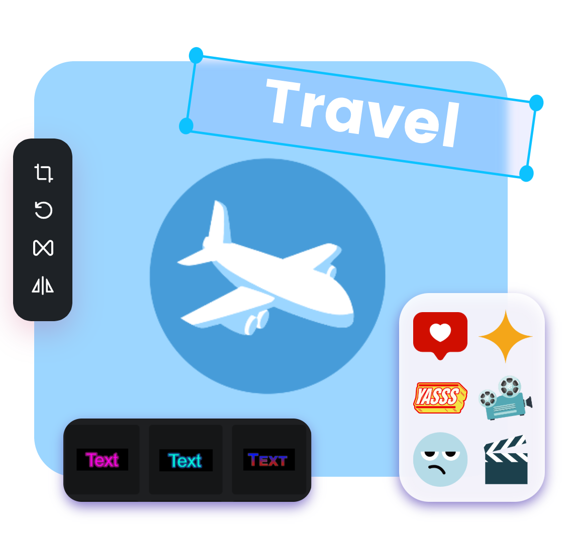 Um avião azul e branco com animação de logotipo de texto de viagem