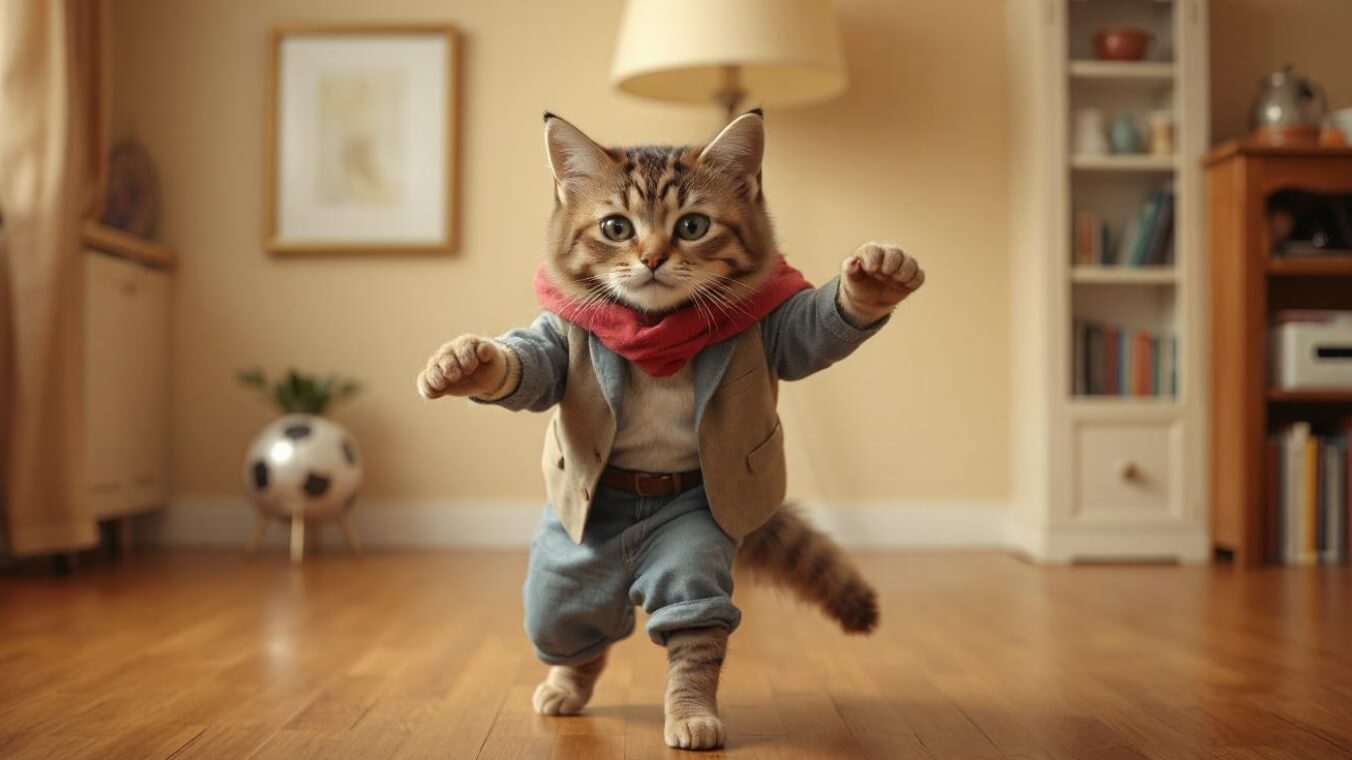 um gato vestido está correndo em um quarto