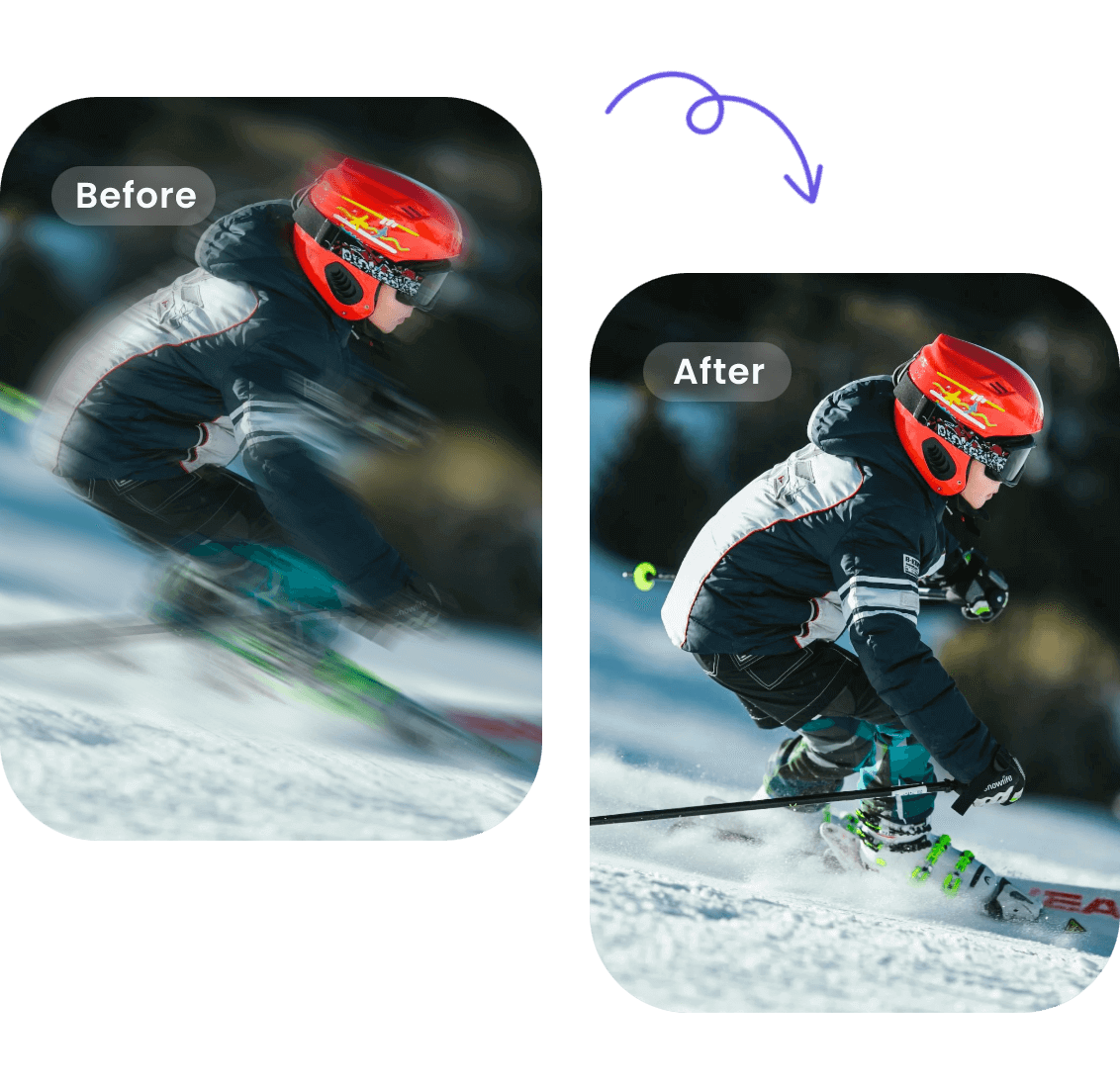 A comparison picture of a skiing man before and after its enhancement