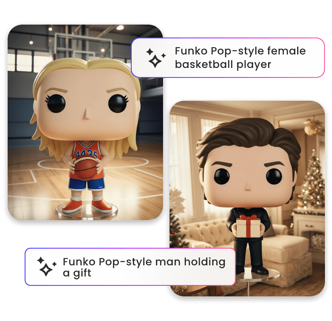 A female basketball funko pop and a man funko pop holding a gift