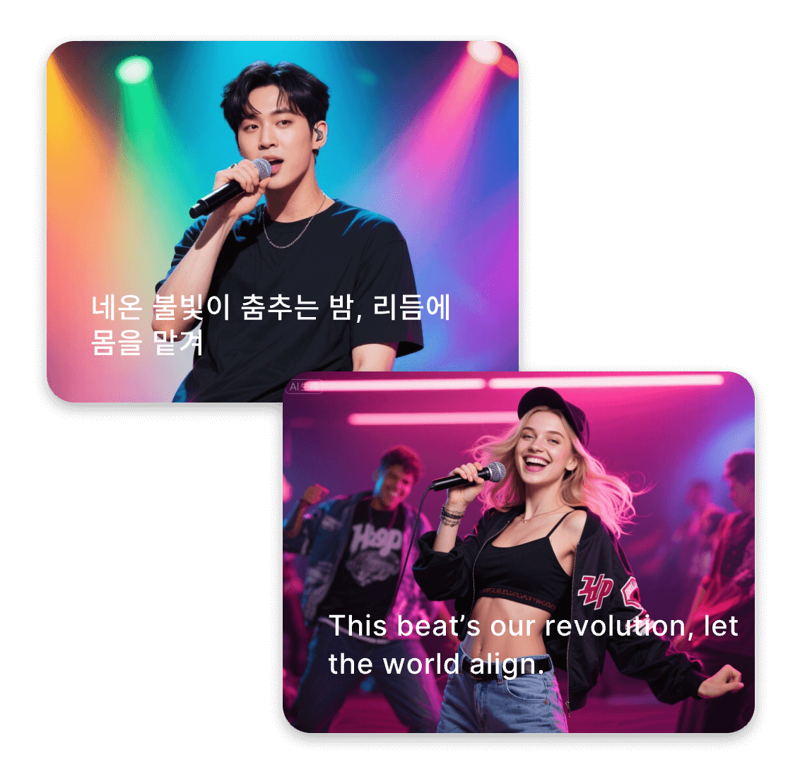 A korean male singer with korean lyrics and an american female with english lyrics generated with clipfly