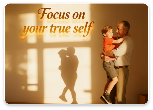 A man holdding his younger self standing in the warm light