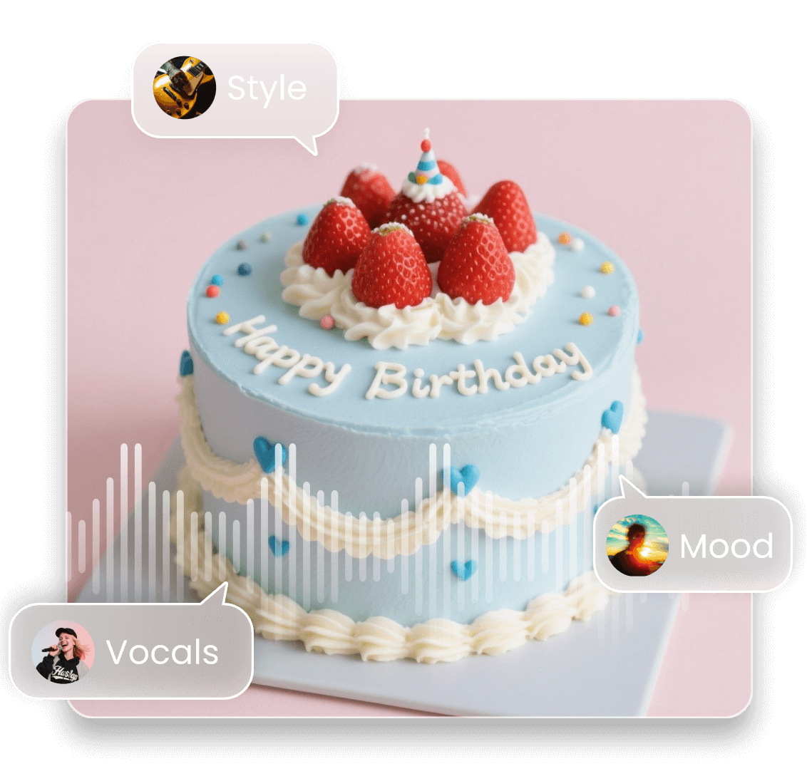 A photo of a birthday cake and music genre icons indicating clipfly music style customization
