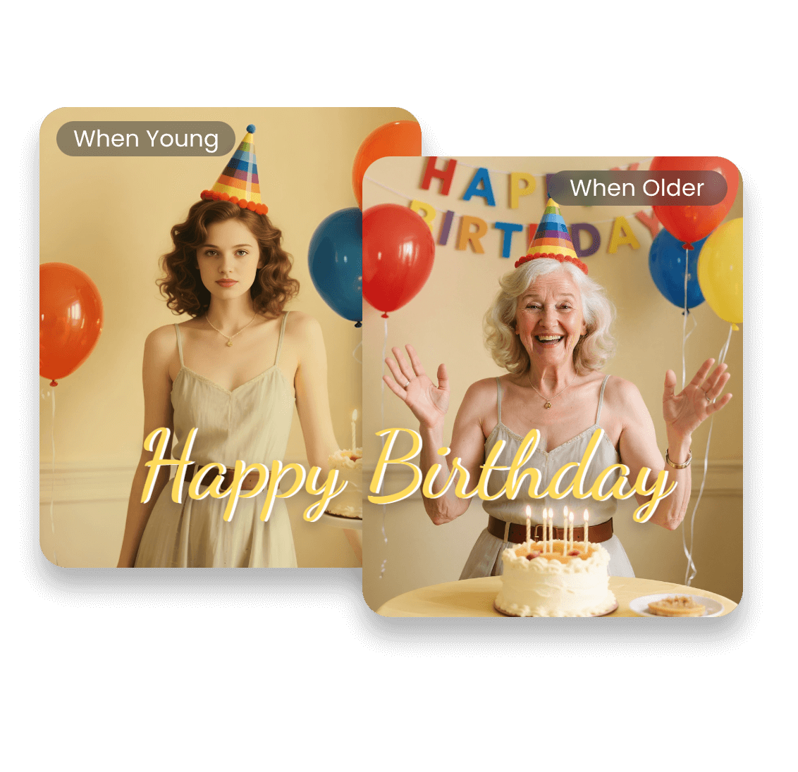 A picture of a woman celerating birthday when she was yong and a picture of her celebrating birthday when she gets old