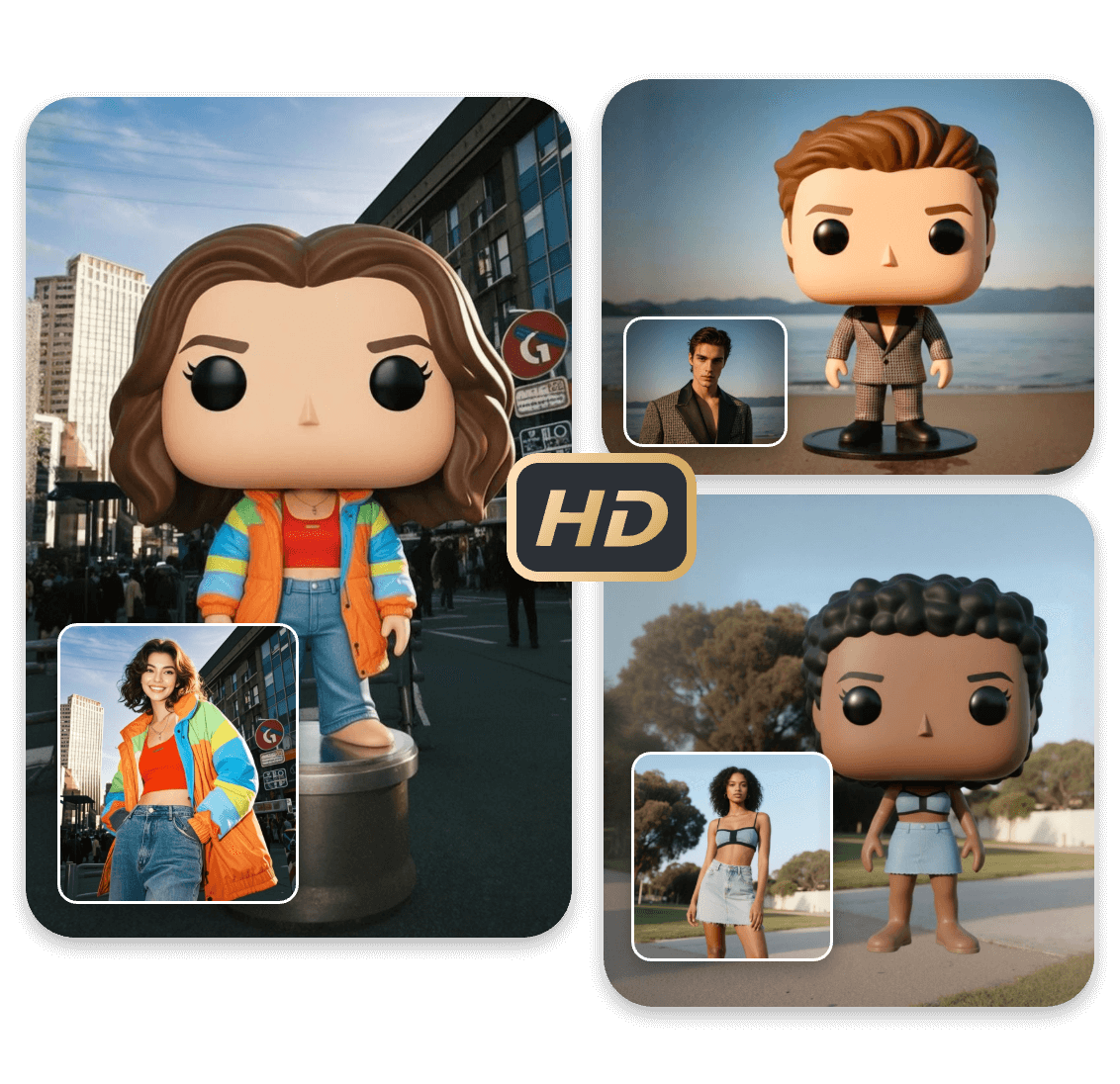A picture that shows three funko pop style figures with high quality created with clipfly