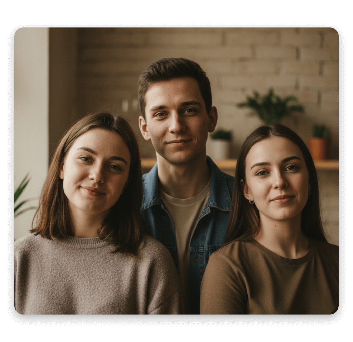 A picture that shows three people with natural face symmetry