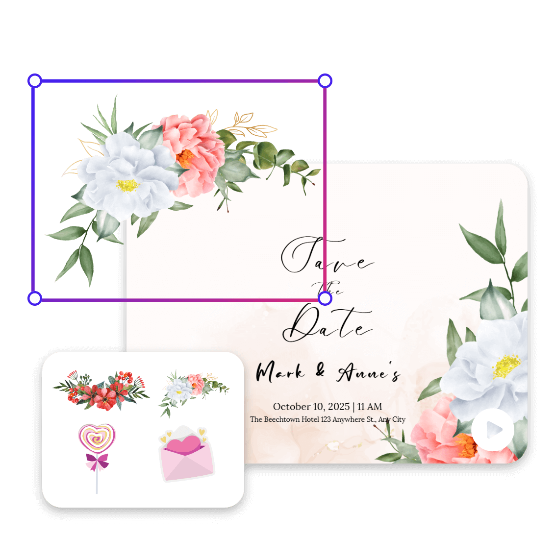 Um cartão de convite de casamento com adesivos florais