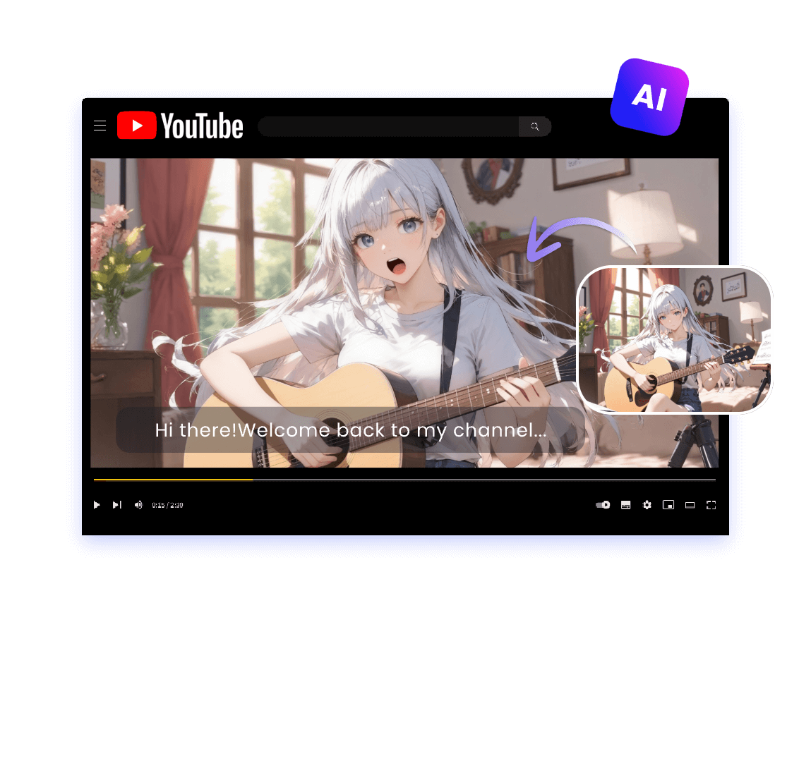 A youtube channel video of an anime girl singing with guitar