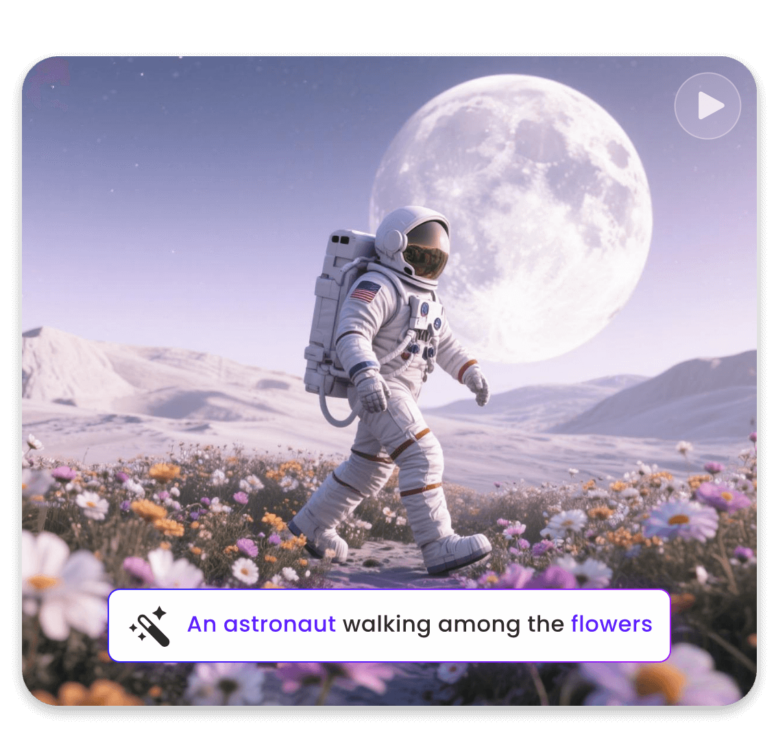 Accurate prompt understanding capability featuring an astronaut walking among the flowers
