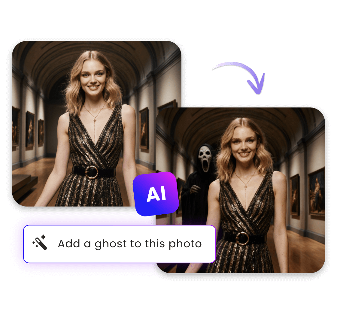 Add a ghost to a photo of a blond girl through prompts