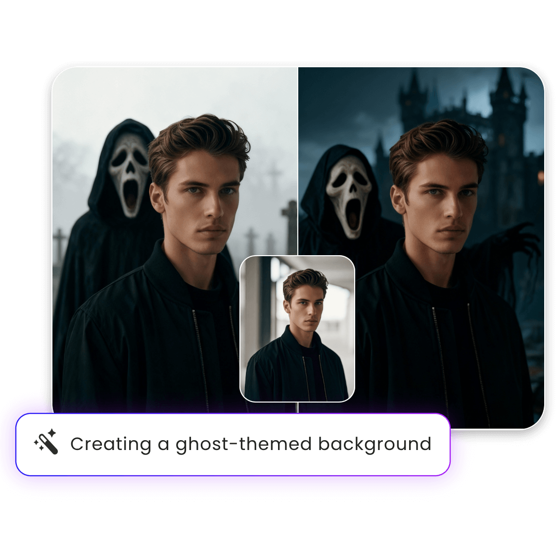 Add a ghost to a photo of a boy and change the background to a creepy castle scene