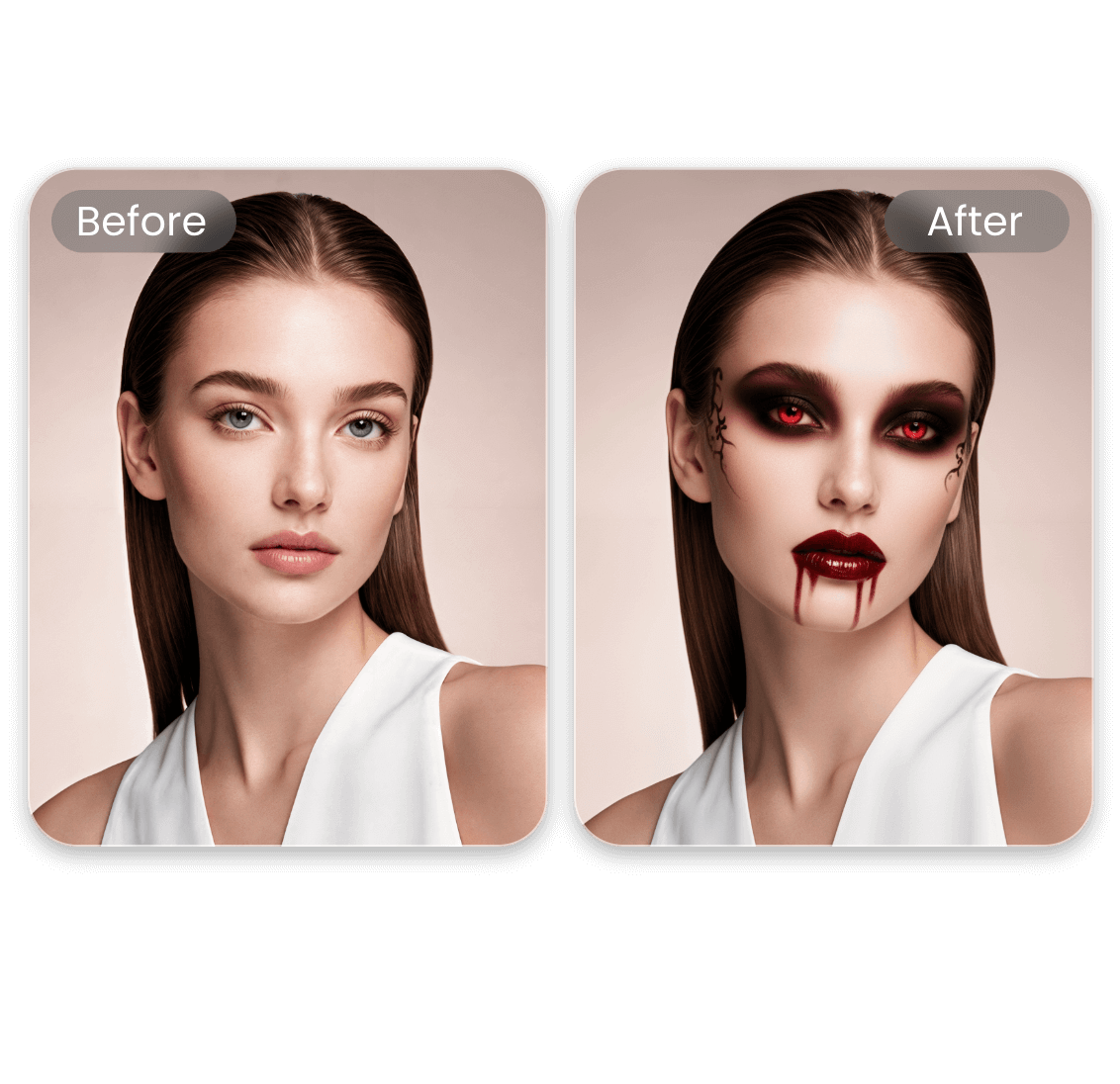 女性の写真にハロウィン悪魔メイクを追加