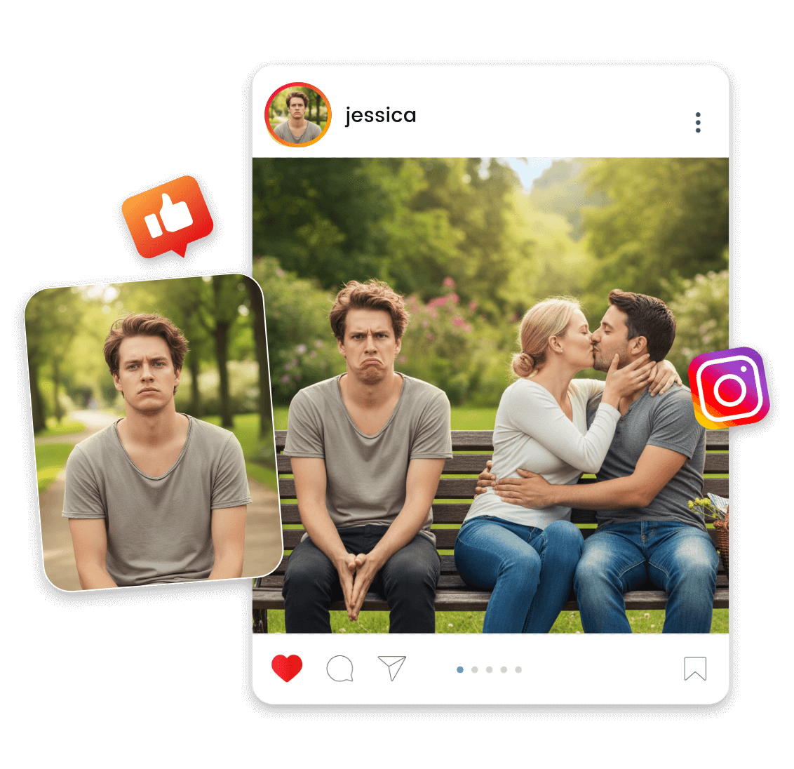 Add a photo of a boy to a couple photo to create a social media meme