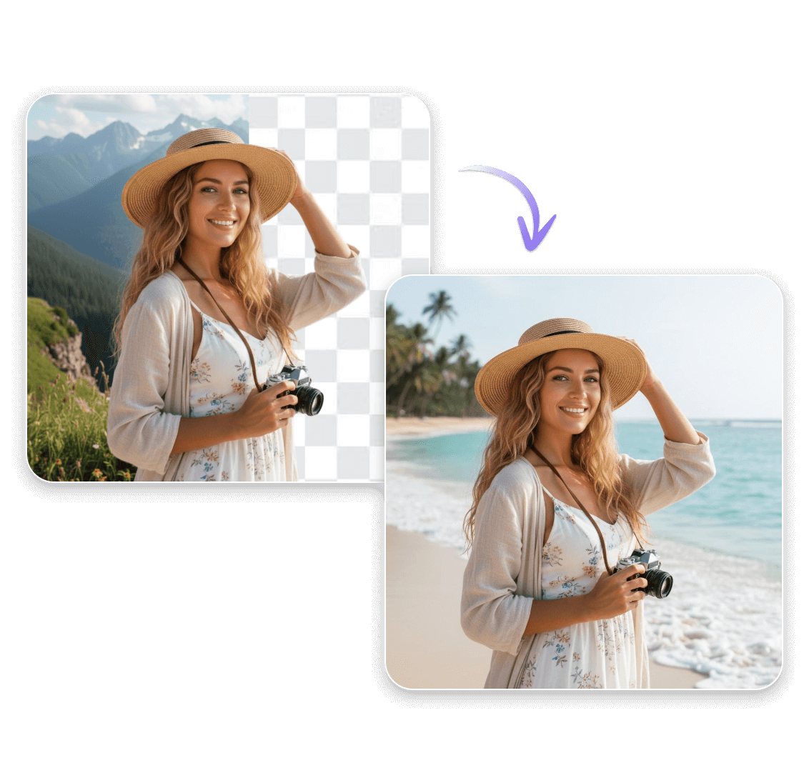 Add a photo of a lady in that of a beach view