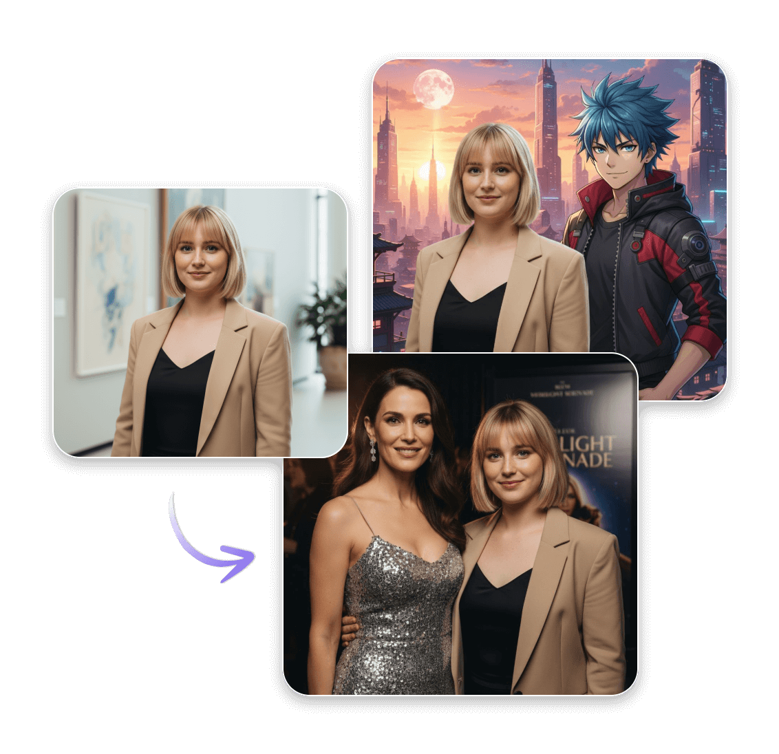 Add a photo of a lady to an anime character and celebrity picture