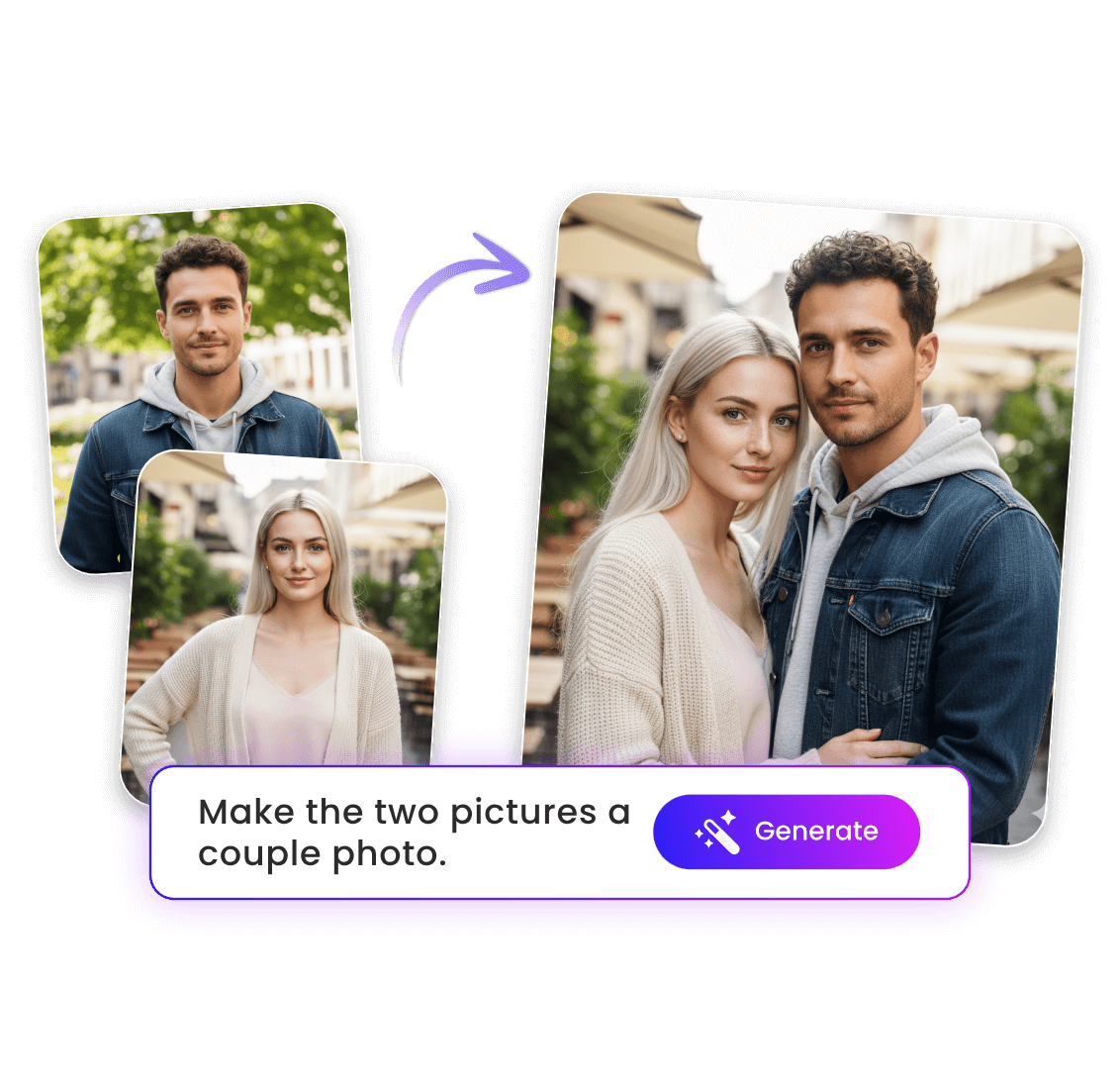 Add a photo of man to that of a woman to create an ai couple photo
