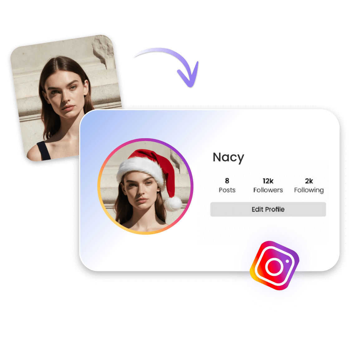 Añade un gorro de Papá Noel a un retrato femenino y utiliza la imagen del gorro de Papá Noel como foto de perfil en las redes sociales
