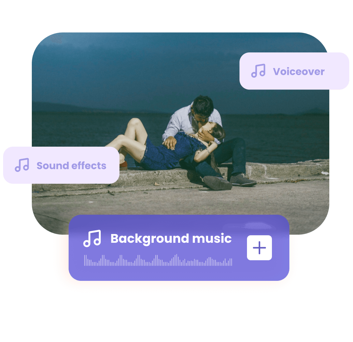 Add background music to a video of a kissing couple at a raod side