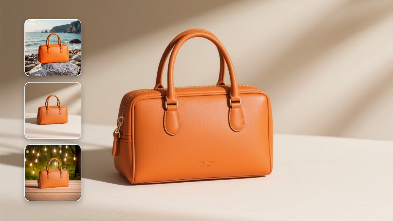 Add background to photo in various styles featuring an orange bag
