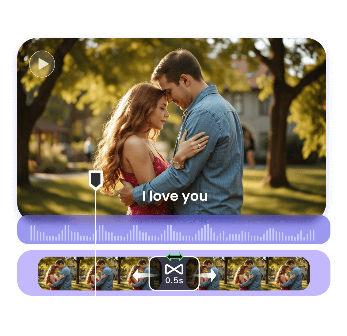 Add captions and audio to a hugging video of a couple