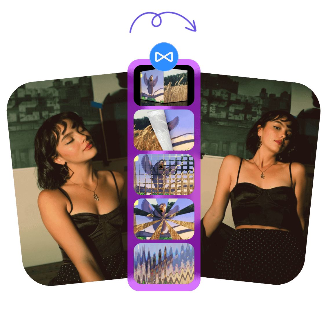 Add different creative video transitions between two video clips in clipfly