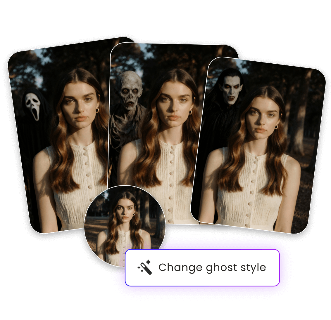 Add different styled ghosts to a photo of a long hair lady